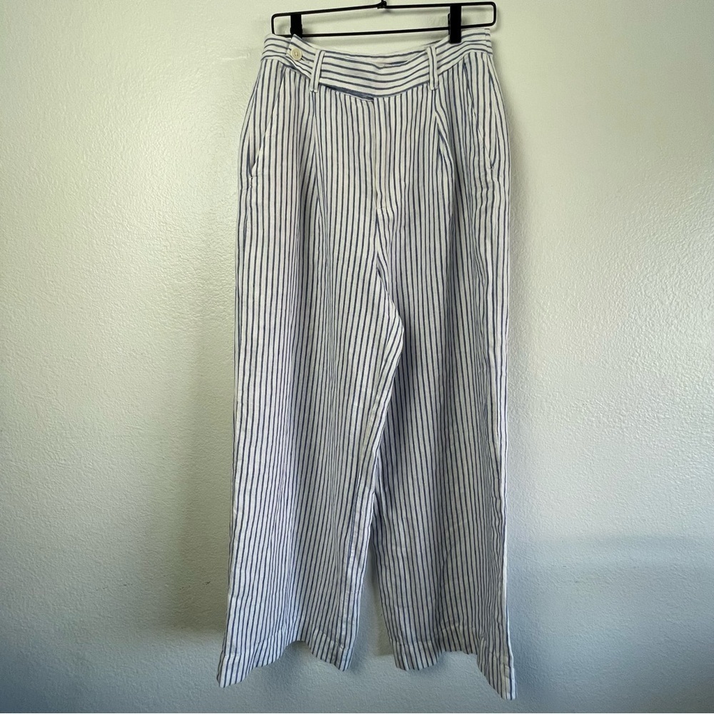 Madewell The Harlow Wide-Leg Pant in 100% Linen White/Blue Stripes Size 8 NWT - Picture 7 of 11
